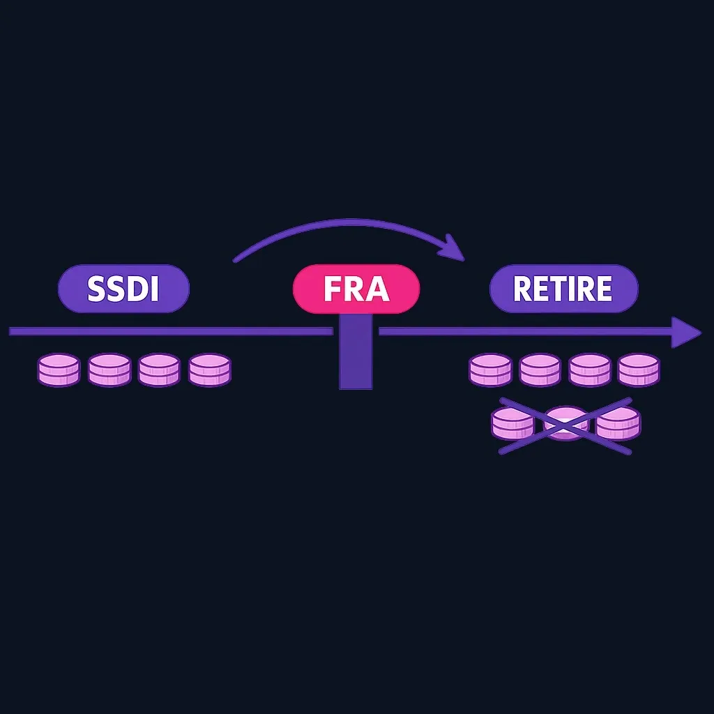 A timeline showing SSDI payments turning into retirement payments at full retirement age, with no second payment added.