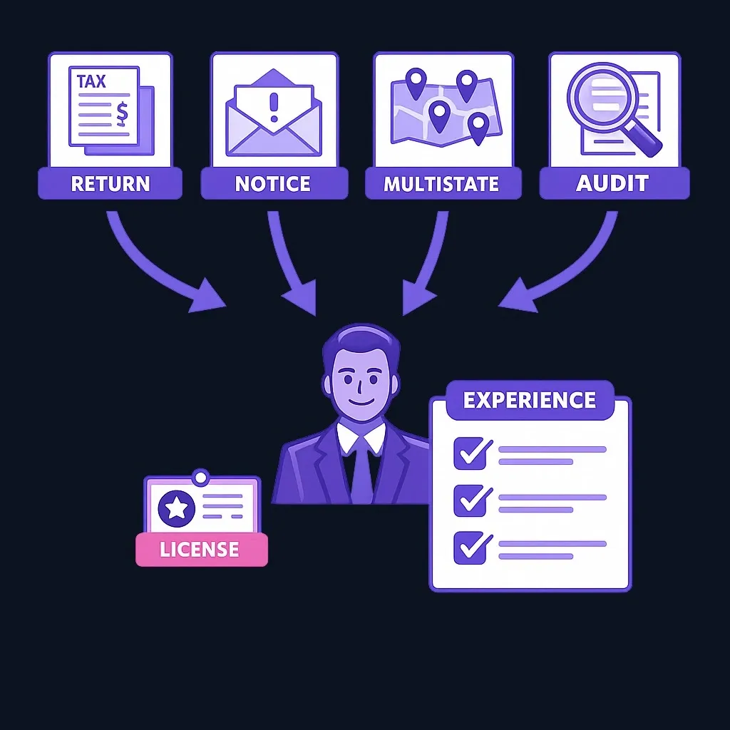 Four different tax jobs, each connected to a question mark about the professional's experience rather than to a credential badge