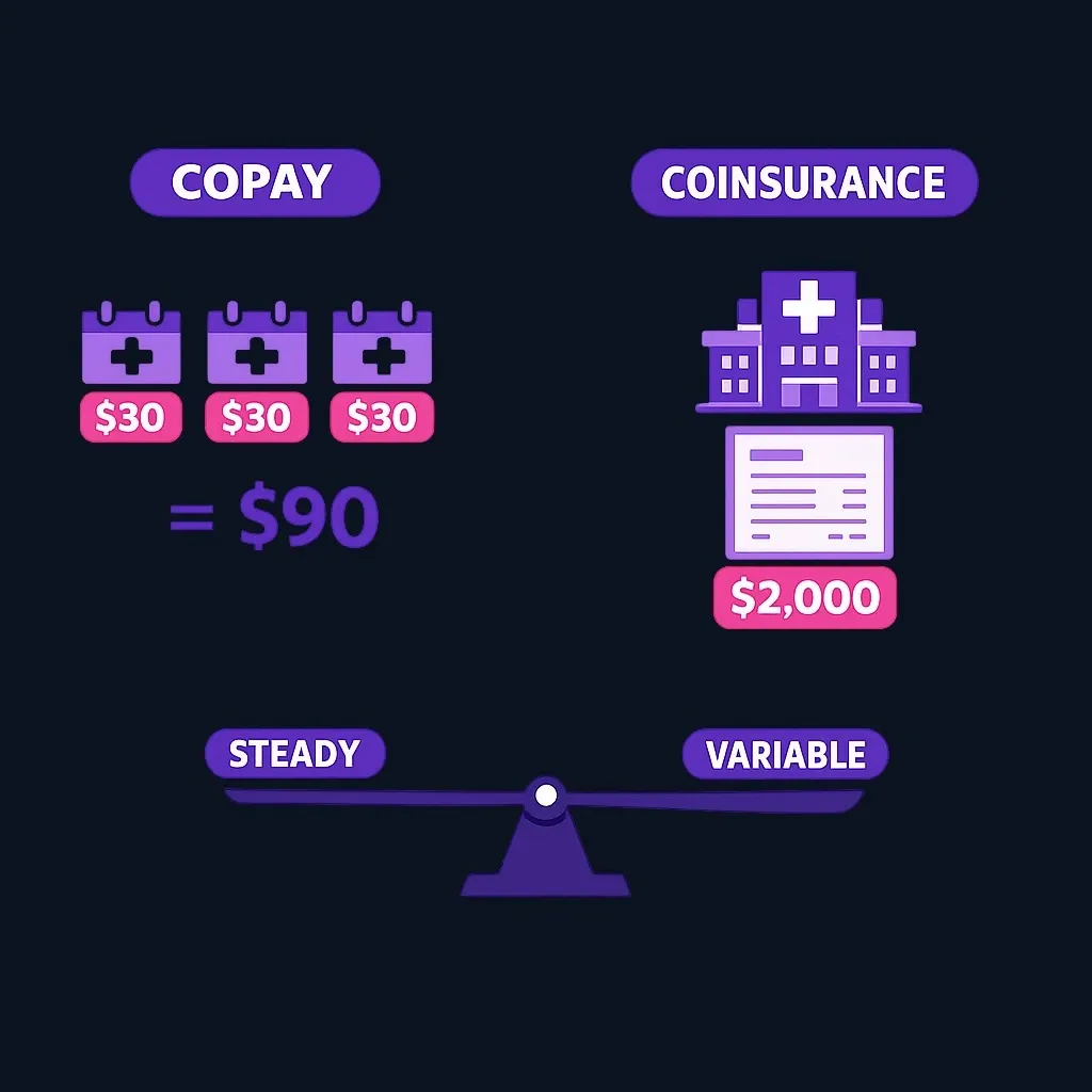 Comparison of three small equal copay visit bills versus one large coinsurance bill for a major procedure