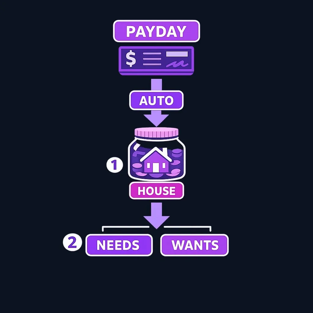 A paycheck flowing first into a house savings jar, then into bills and spending.