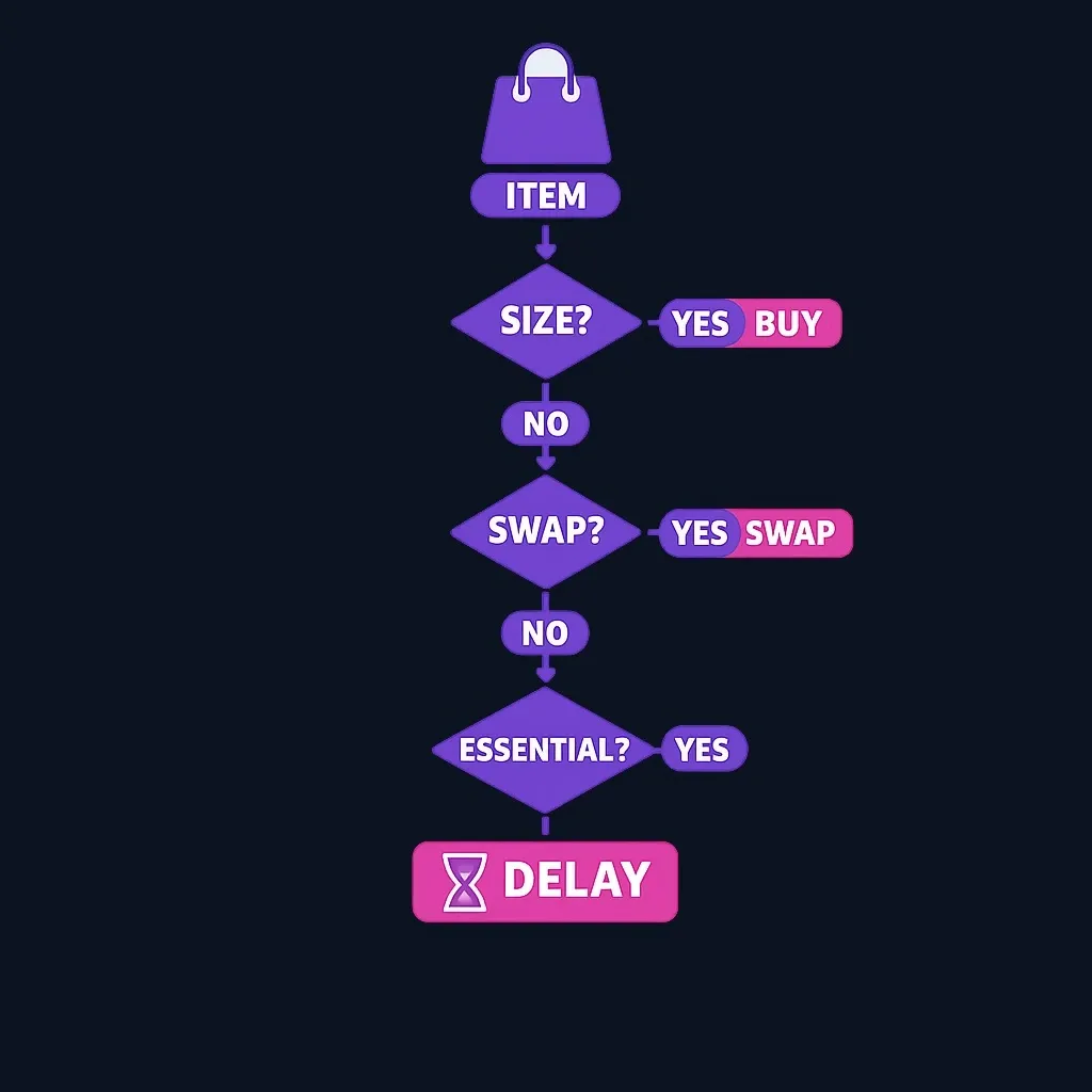 Flowchart of three decision questions leading to buy, swap, or delay outcomes