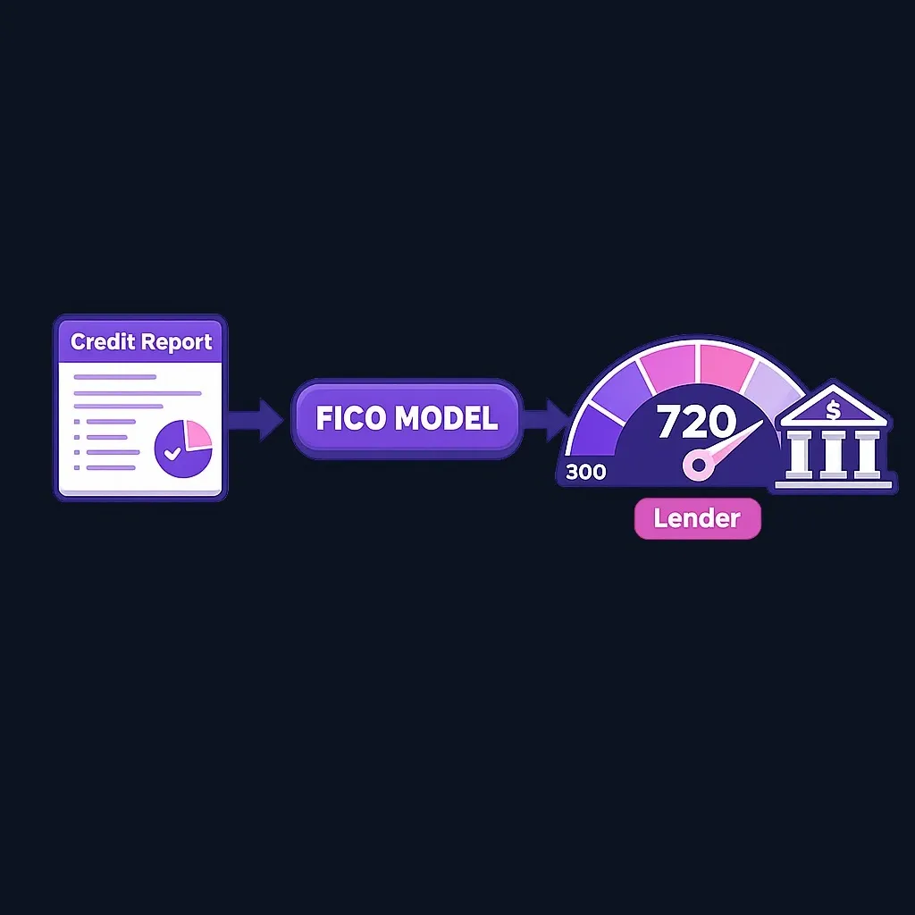 FICO scoring system diagram showing input and output