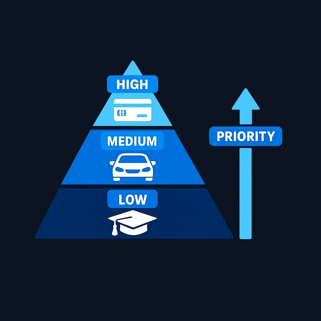 Three-tier pyramid ranking credit cards, personal and auto loans, and student loans by payoff priority