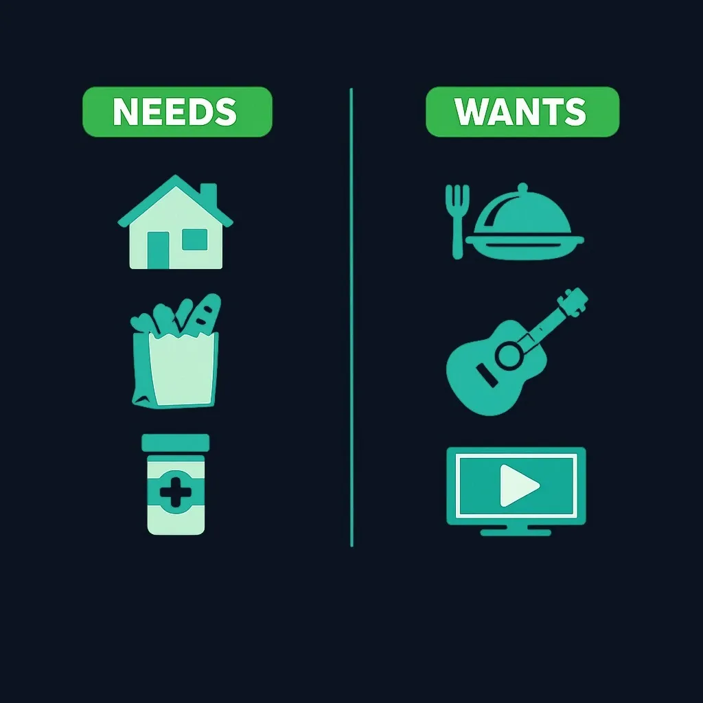 Two-column diagram with needs like a house, groceries and medicine on one side and wants like dining out, a hobby and streaming on the other