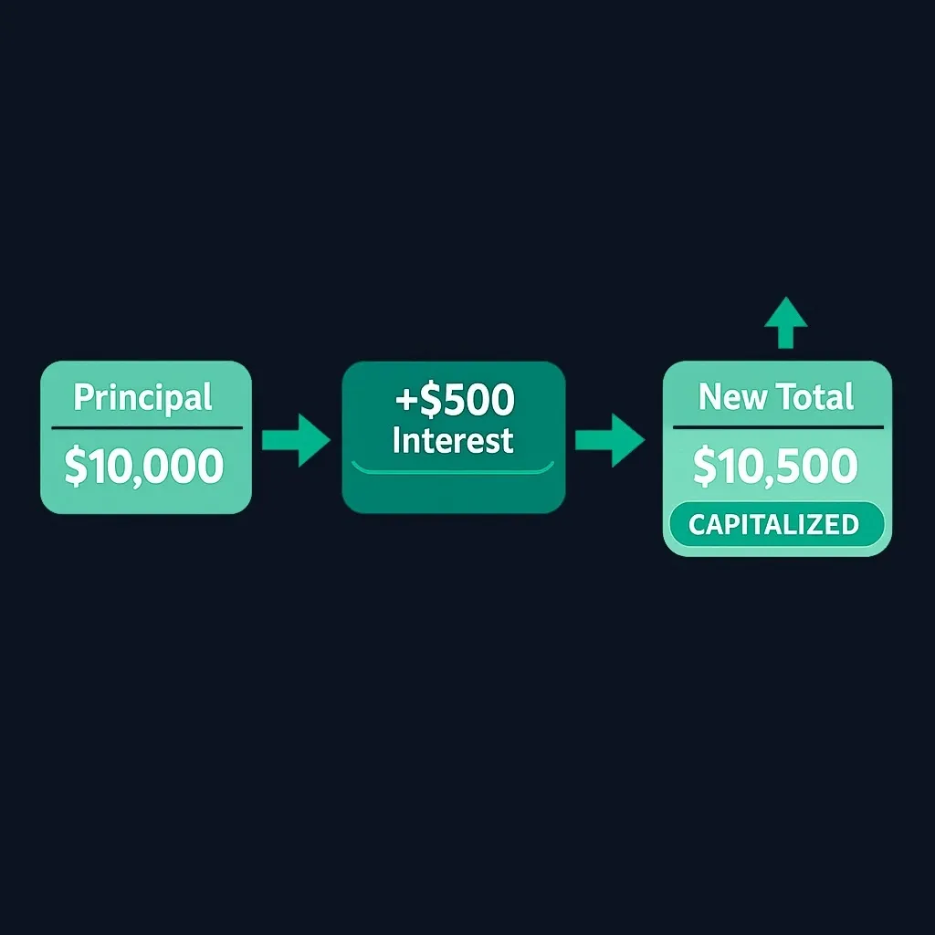 Diagram showing how unpaid interest capitalizes onto principal balance