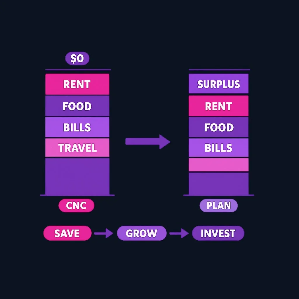 Two budget bars: one where essential expenses use all income, another with a leftover surplus section.