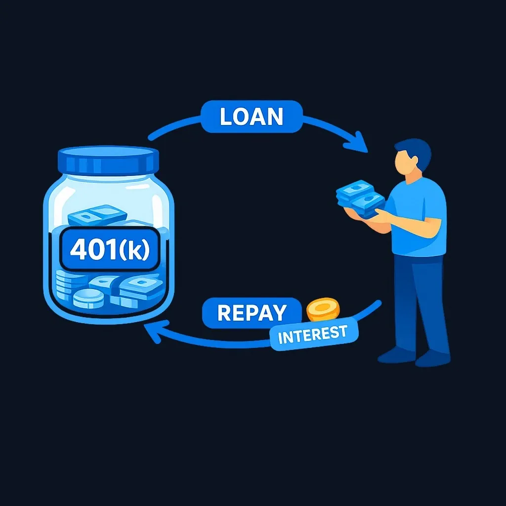 Diagram of money leaving a 401(k) account to the borrower and returning with interest to the same account.