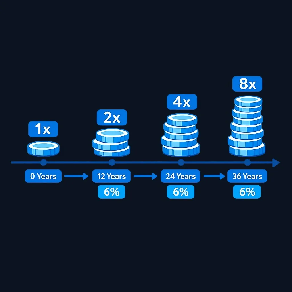 Timeline showing savings doubling at 12, 24 and 36 years, reaching eight times the starting amount