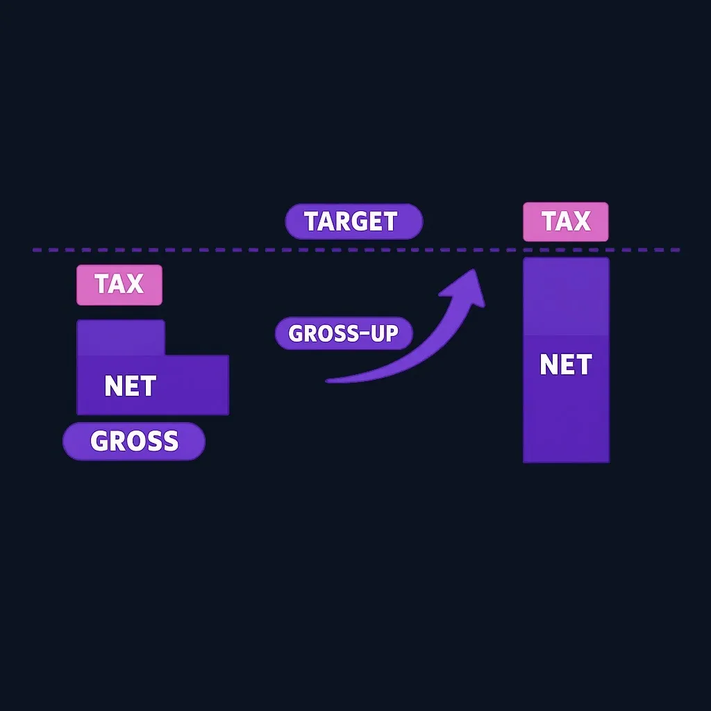 Diagram showing a gross amount being increased so that after taxes the remaining net matches a target line