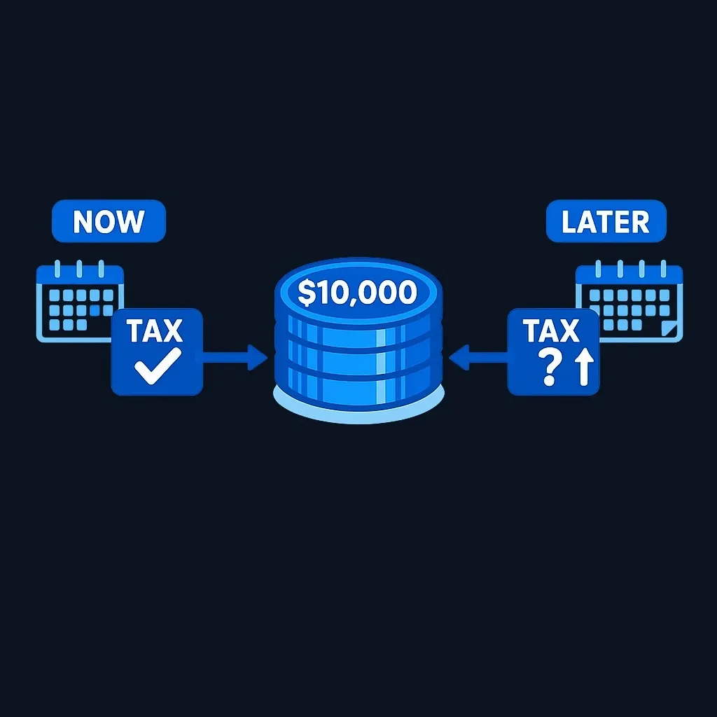 Diagram comparing tax on a $10,000 gain realized now versus an uncertain tax on the same gain later