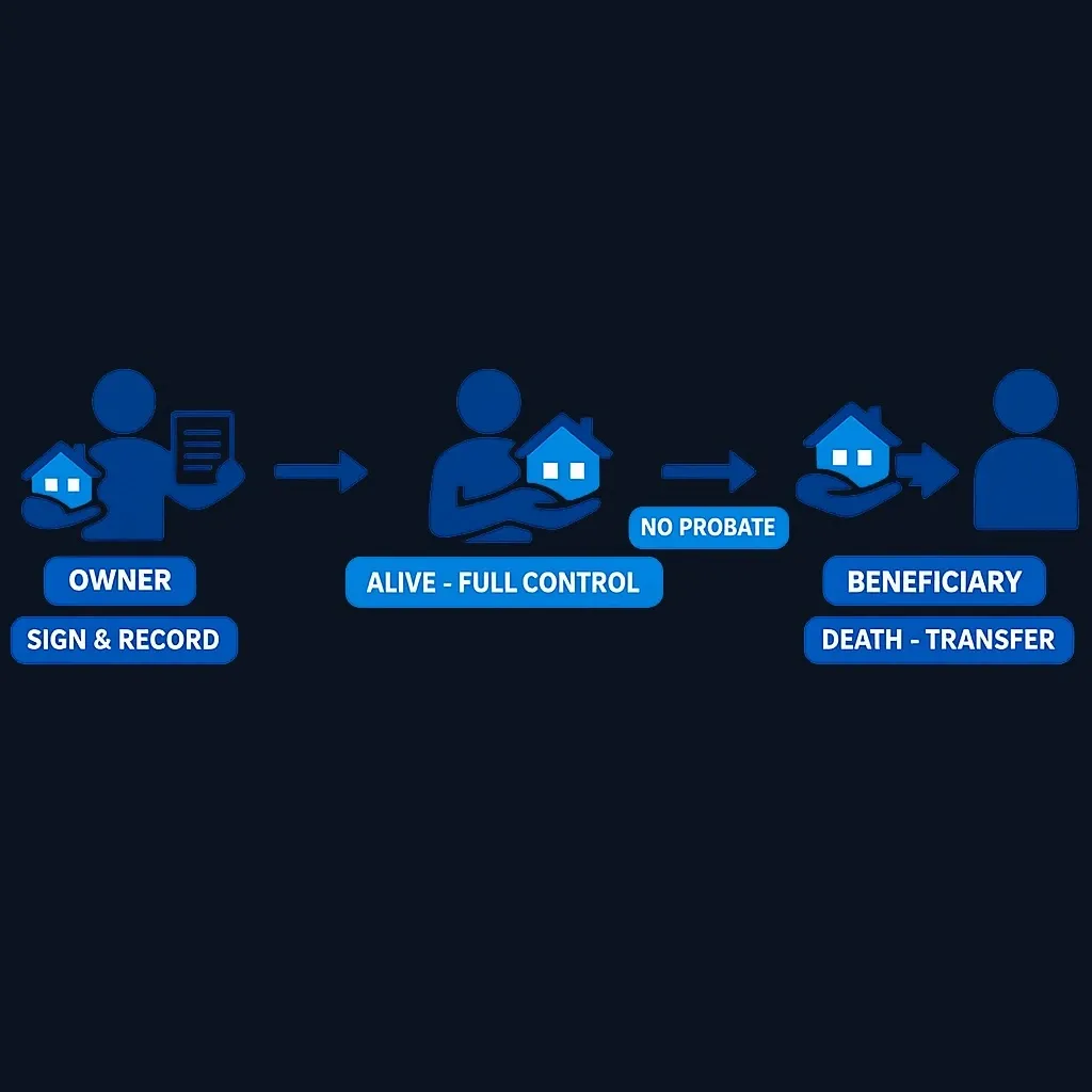 Flowchart of transfer-on-death deed process from signing through recording to transfer at death