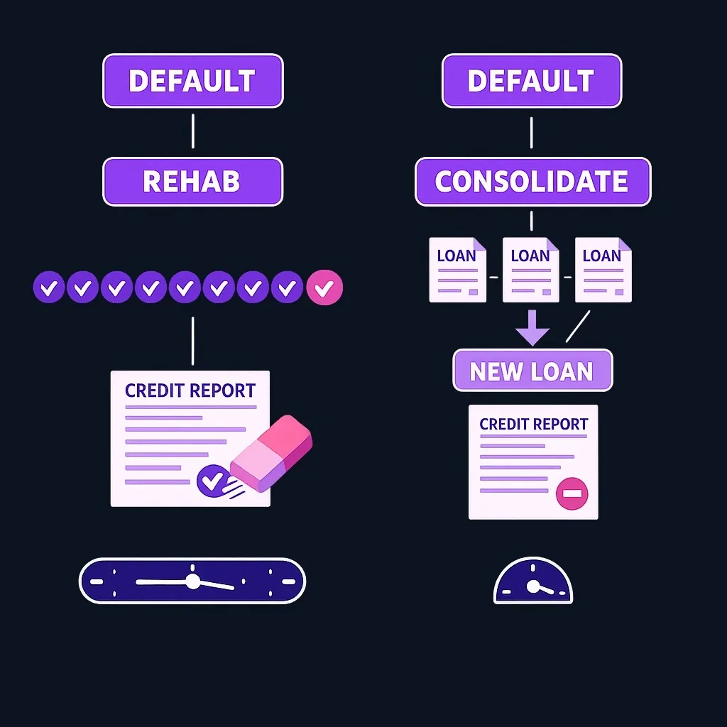 Side-by-side comparison of rehabilitation and consolidation paths out of default