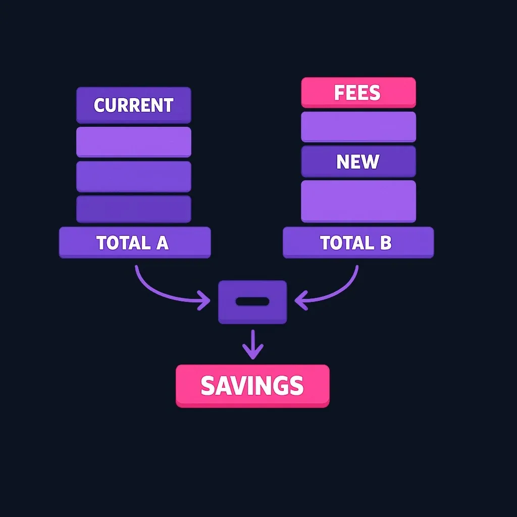 Flow diagram with two stacked totals, current loan and new loan plus fees, feeding into a subtraction that shows savings.