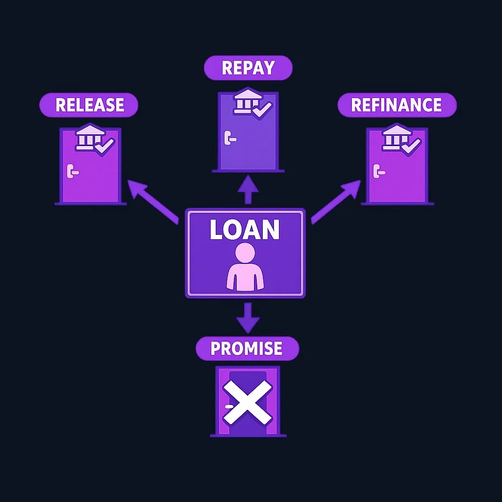 Diagram of three valid exits from a loan (release, repay, refinance) and one blocked exit (promise)