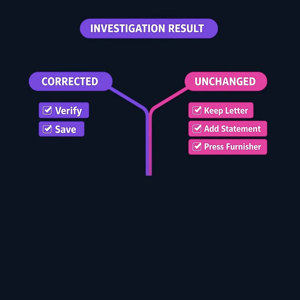 Two dispute outcome paths with corresponding next actions