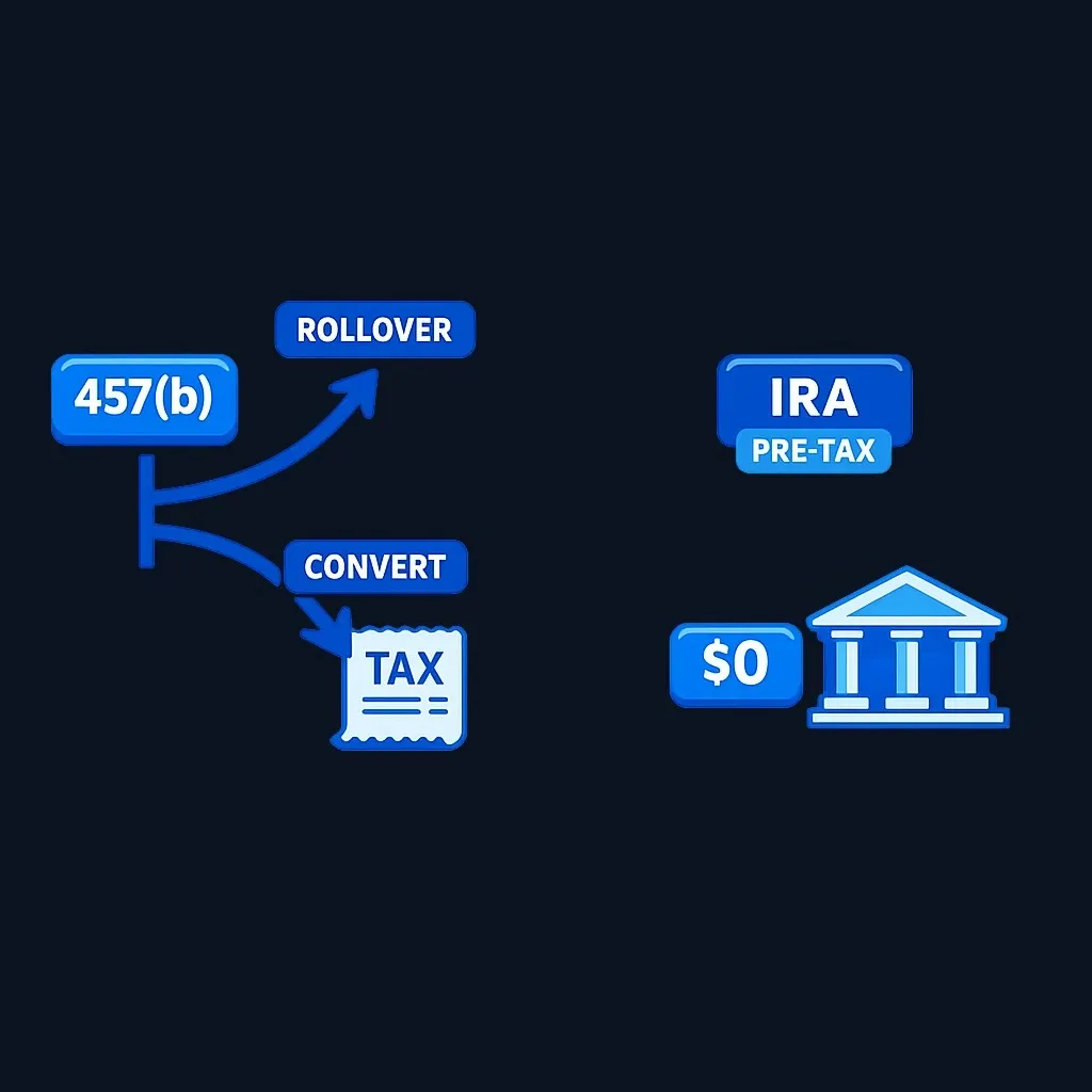 Diagram of a governmental 457(b) splitting into two paths: a pre-tax rollover to a traditional IRA and a taxable conversion to a Roth IRA