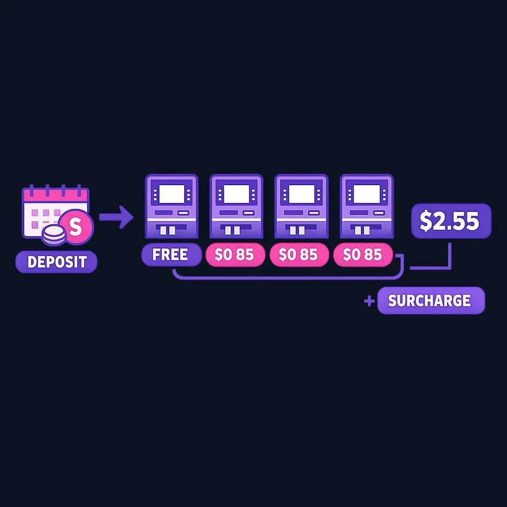 Four ATM withdrawals in a row, the first free and the next three costing $0.85 each, totaling $2.55