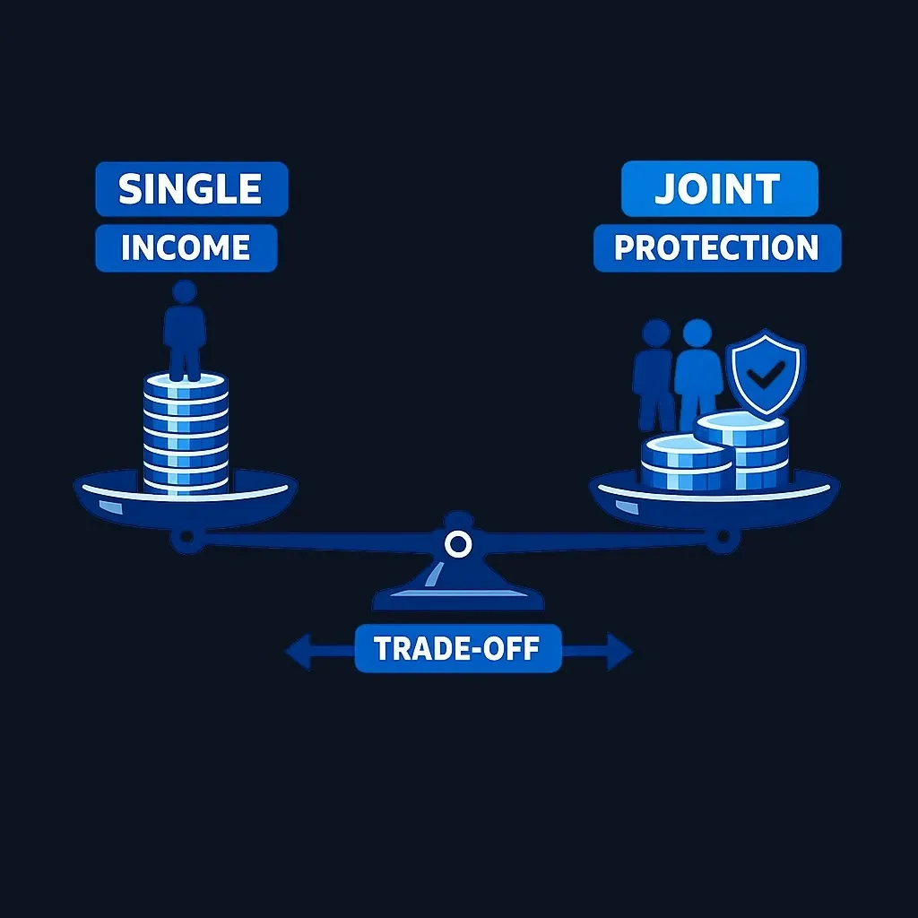 Balance scale weighing higher income for a single life against survivor protection for a joint life