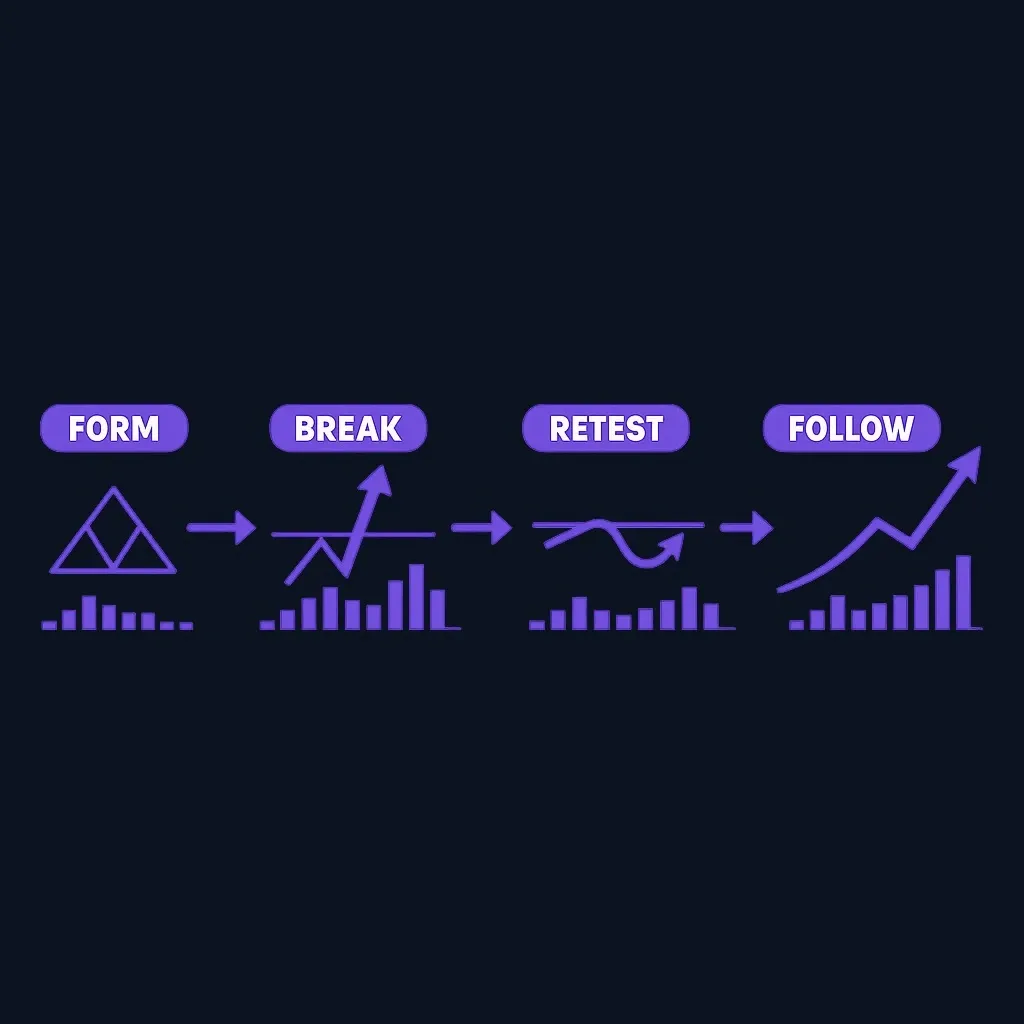 Step-by-step diagram of symmetrical triangle breakout sequence with retest