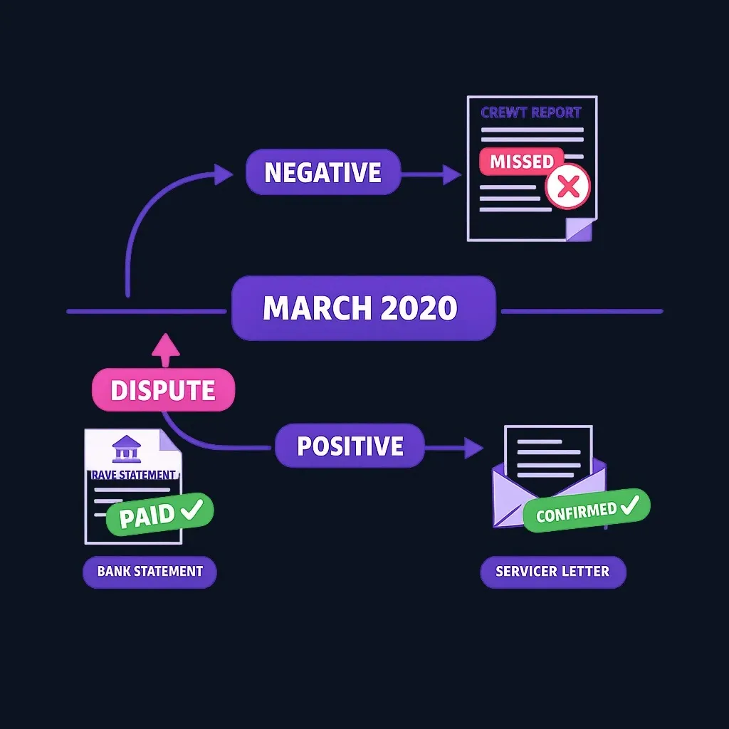 Timeline showing credit report error versus actual payment proof