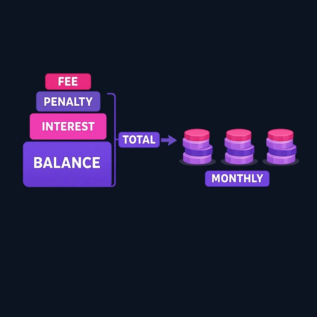 Stacked blocks showing balance plus interest, penalties and fee combining into a larger total split into monthly payments.