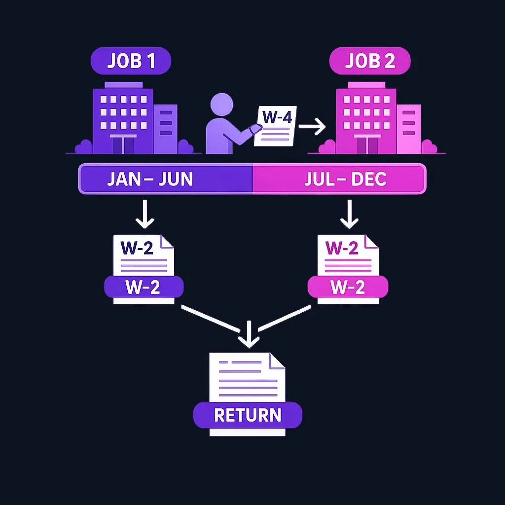 Flow diagram of an employee with two employers, a W-4 to the new job, two W-2s, and one tax return