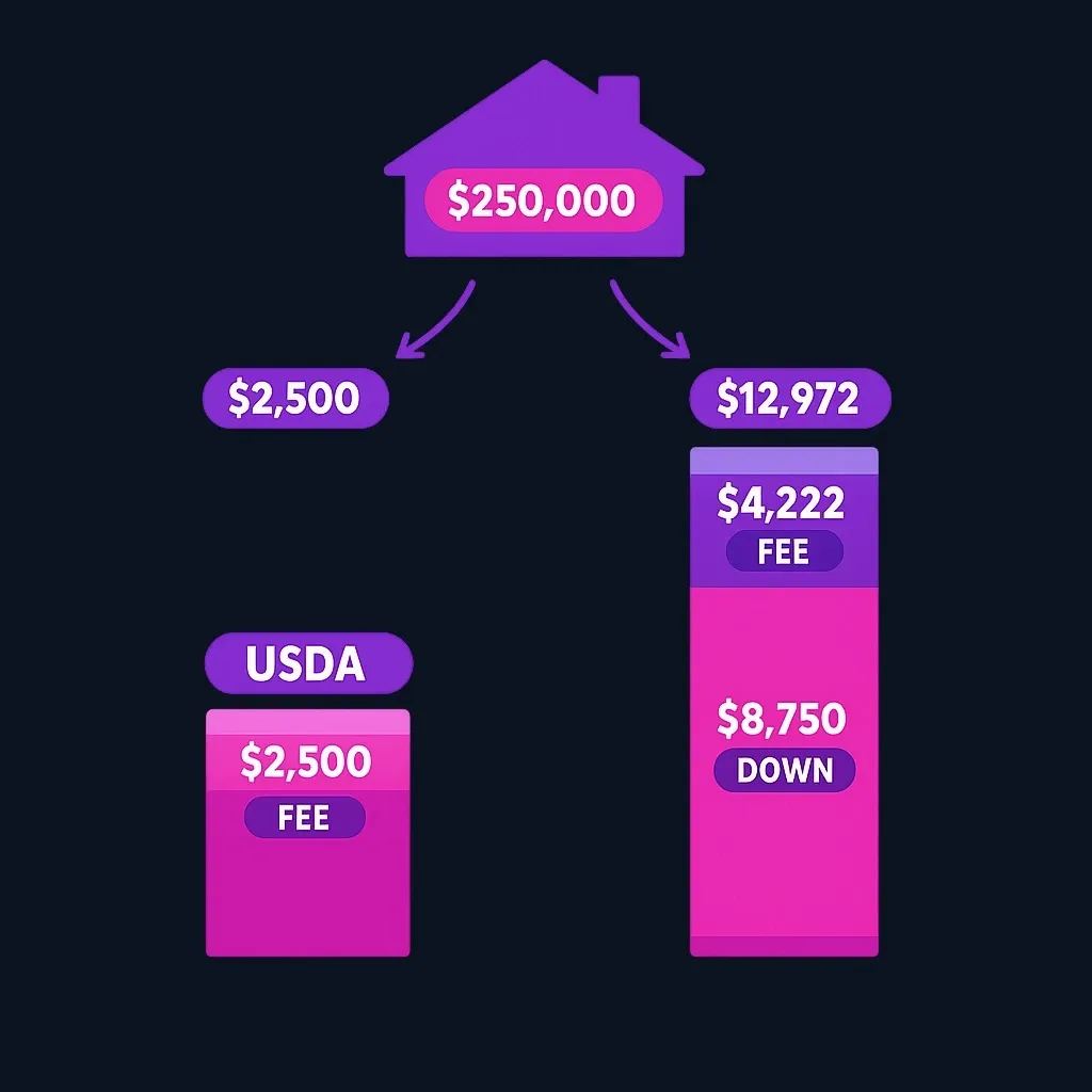 Bar comparison showing USDA upfront cash of $2,500 versus FHA upfront cash of about $12,972 on a $250,000 home