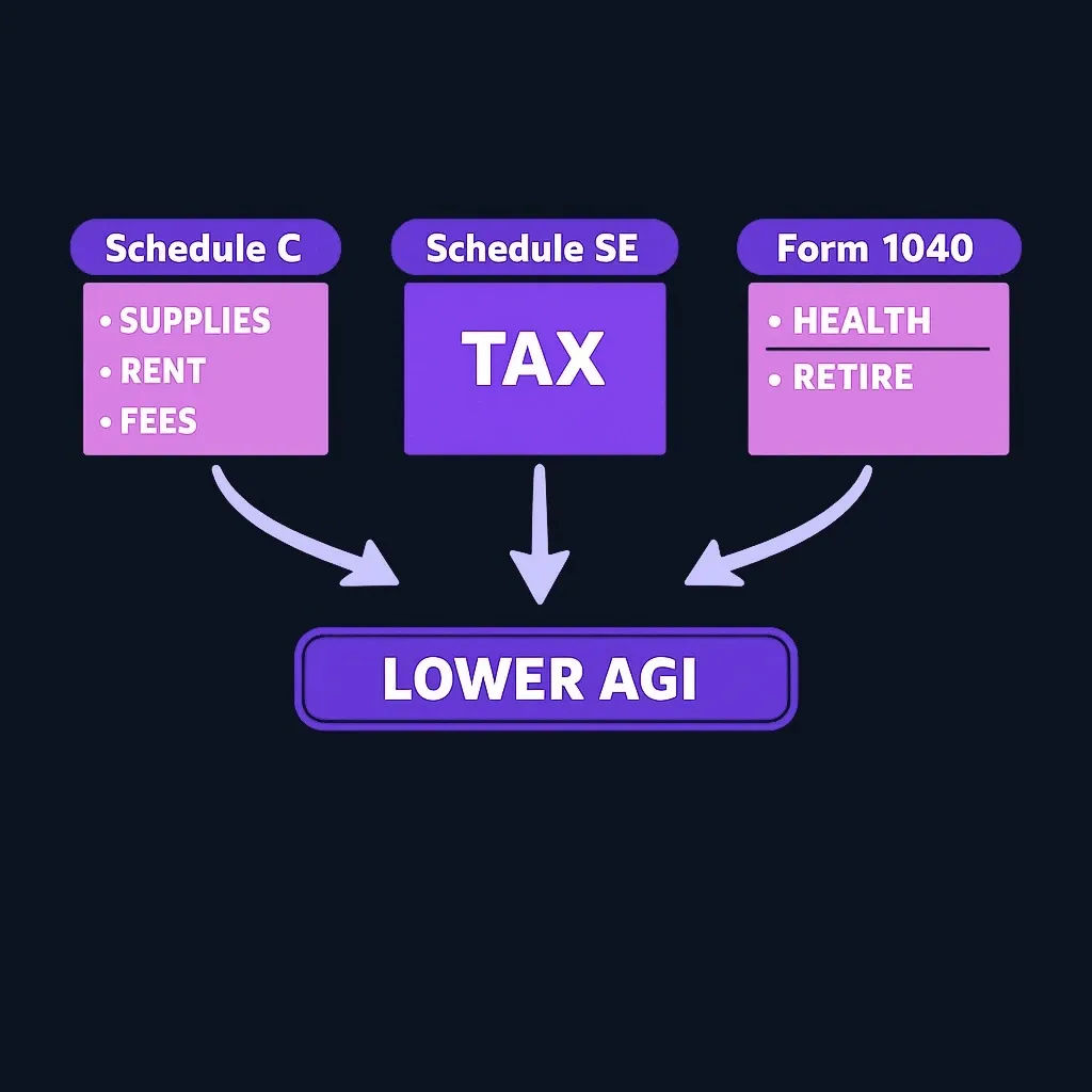 Categories of self-employment tax deductions organized by form