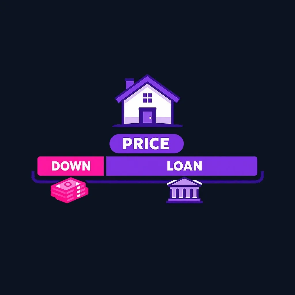 A bar representing a home's price, split into a small down payment segment and a larger mortgage segment.