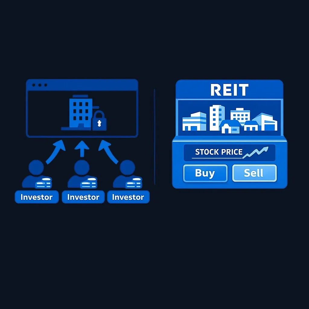 Side-by-side comparison showing crowdfunding platform with single property versus REIT with multiple buildings