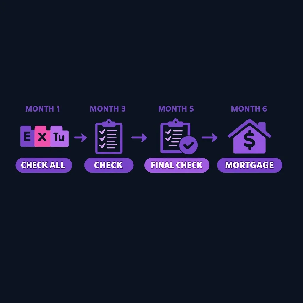 Six-month timeline showing Maria's three credit check points before mortgage application