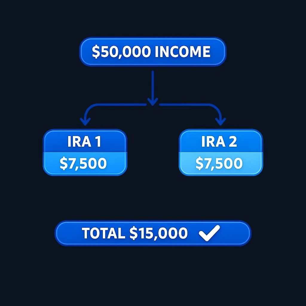 Example calculation showing how combined compensation of $50,000 allows $7,500 contributions to each spouse's IRA