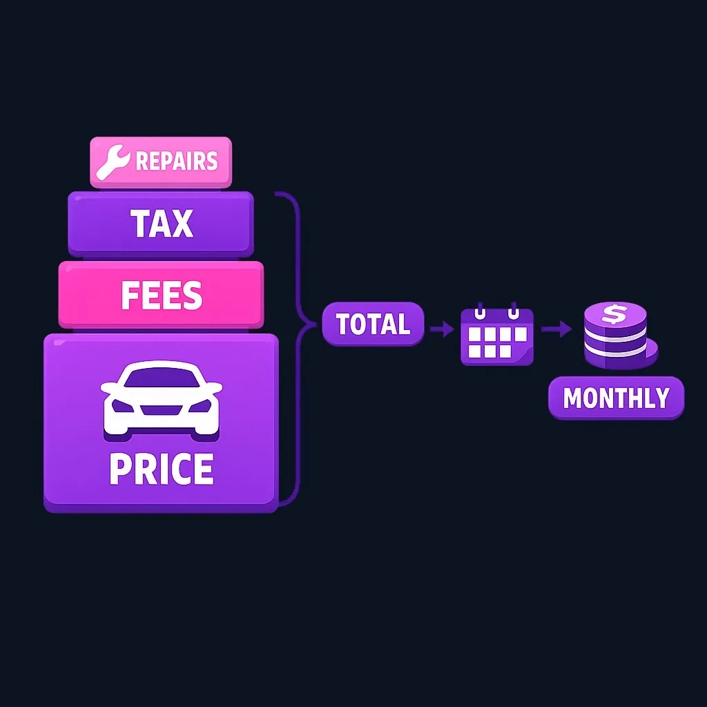 Stacked blocks showing car price plus taxes, fees and a repair buffer adding up to a total savings target