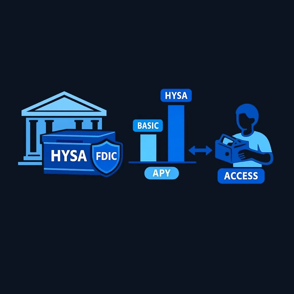 Bank building with a savings account box showing a higher APY bar than regular savings, a shield for FDIC protection, and a two-way arrow for access