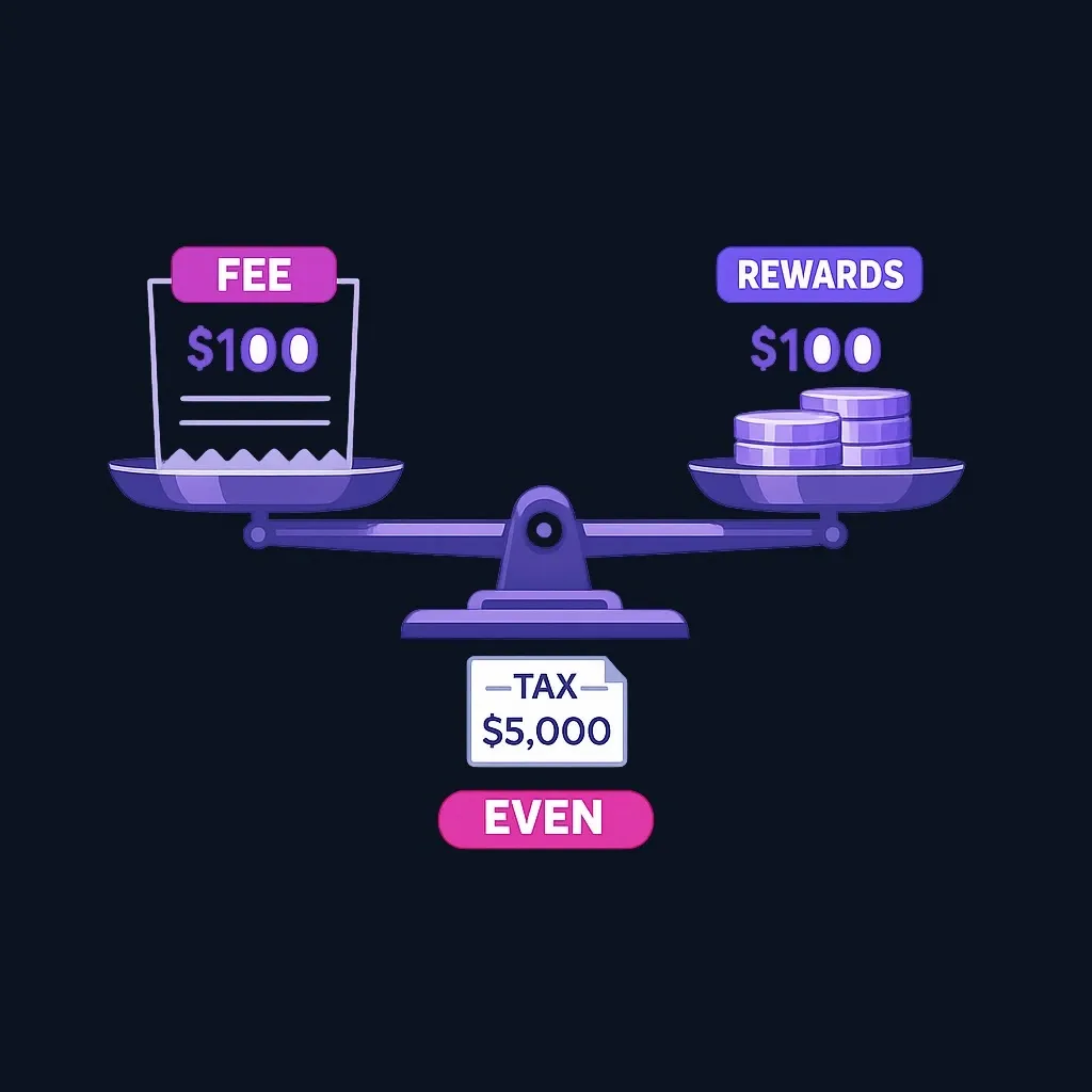 Balance scale with a $100 fee on one side and $100 in rewards on the other, perfectly level