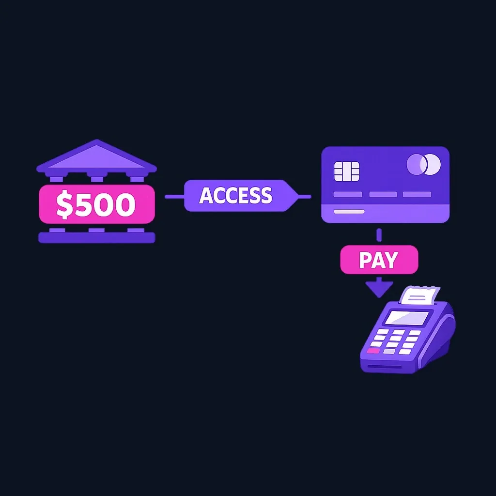 Diagram showing debit card linked to bank account with funds flowing