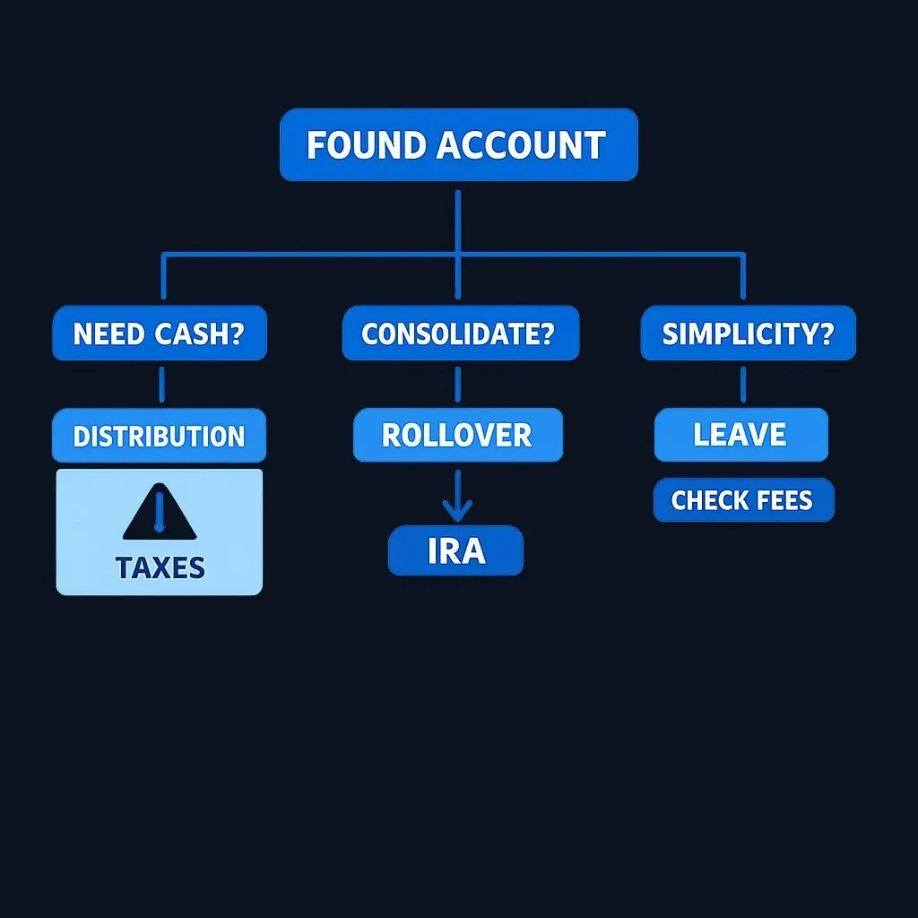Decision flowchart for what to do after finding an old 401(k) account