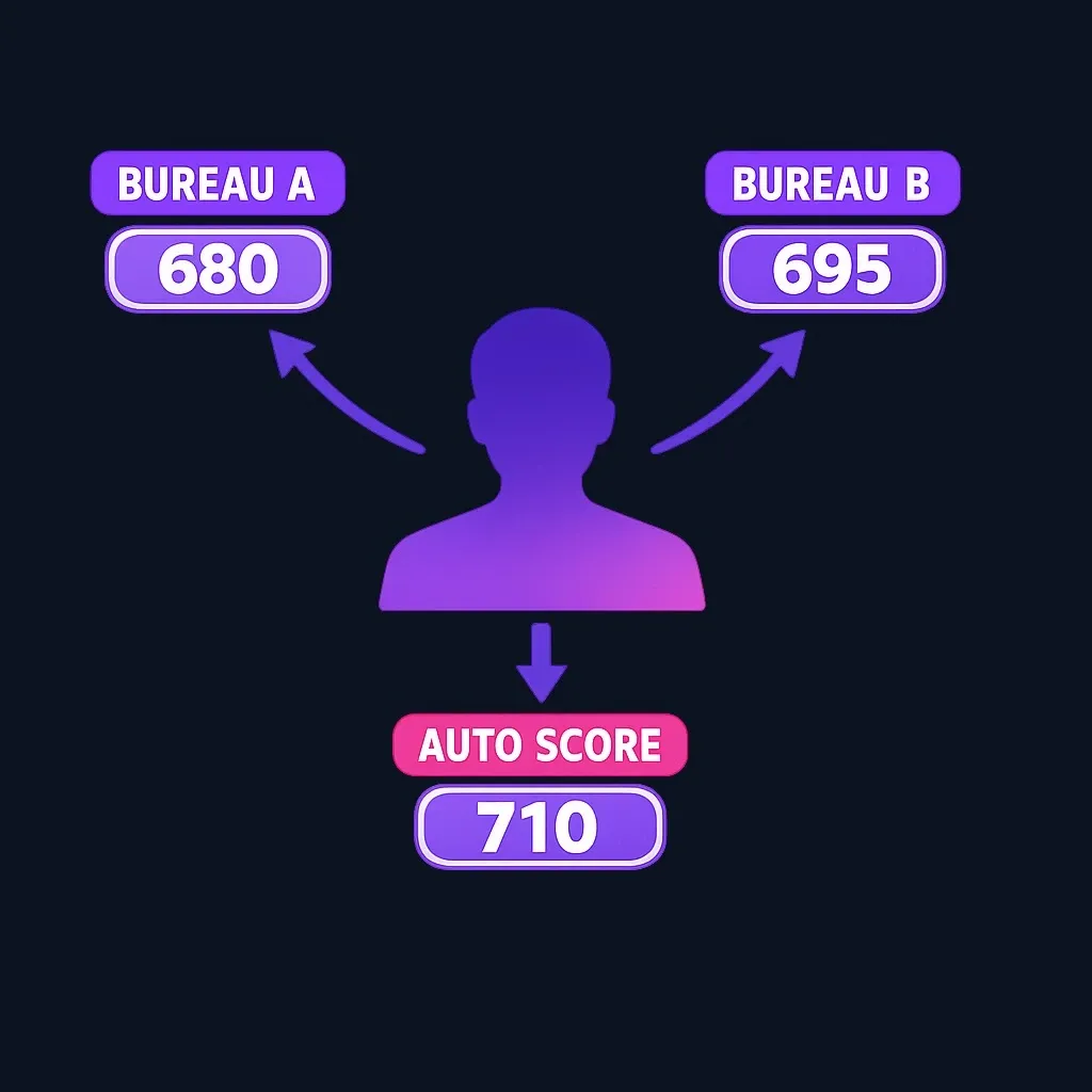 Diagram showing one person with multiple different credit score numbers from different sources