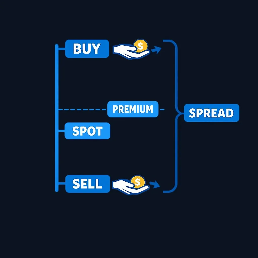 Price ladder showing dealer buy price above spot and sell-back price below spot, with the spread between them