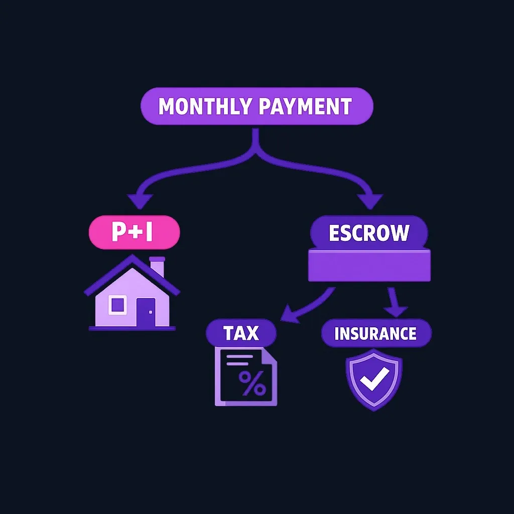 Flow diagram showing monthly mortgage payment splitting into principal-interest and escrow portions, with escrow paying tax and insurance bills