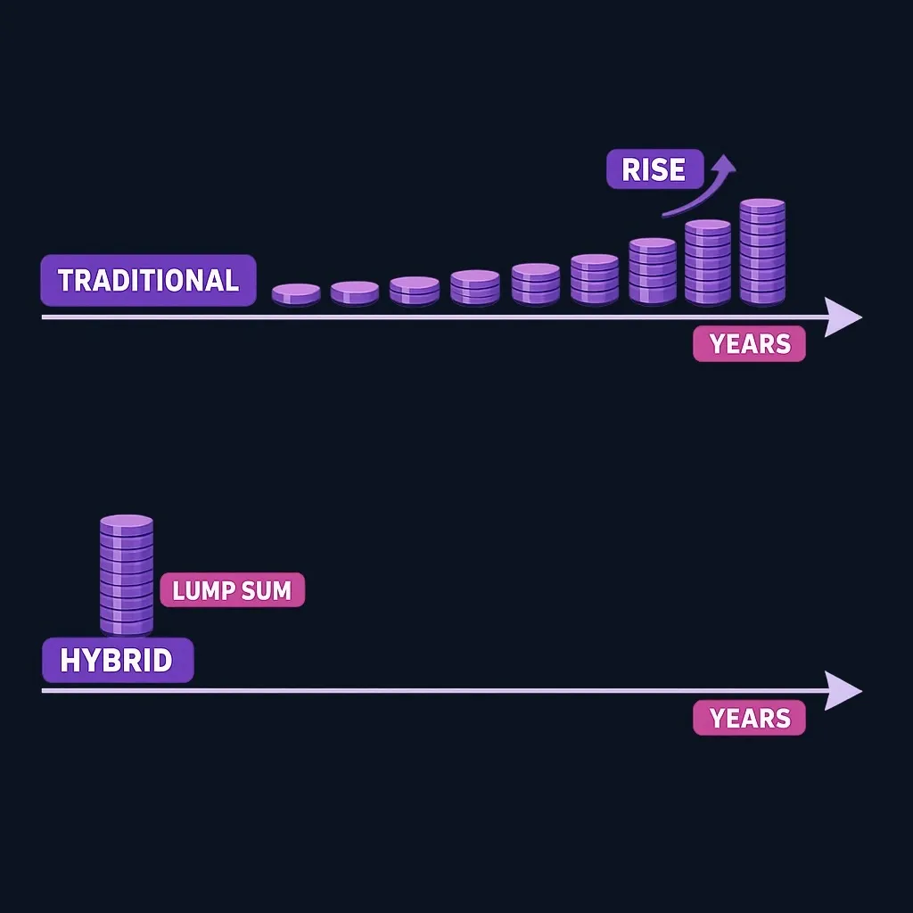 Timeline comparing many small premium payments that can rise over time with one large upfront hybrid payment