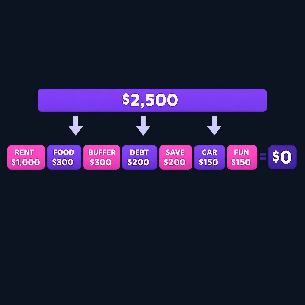 Diagram of $2,500 income divided into budget categories that add up to zero remaining.