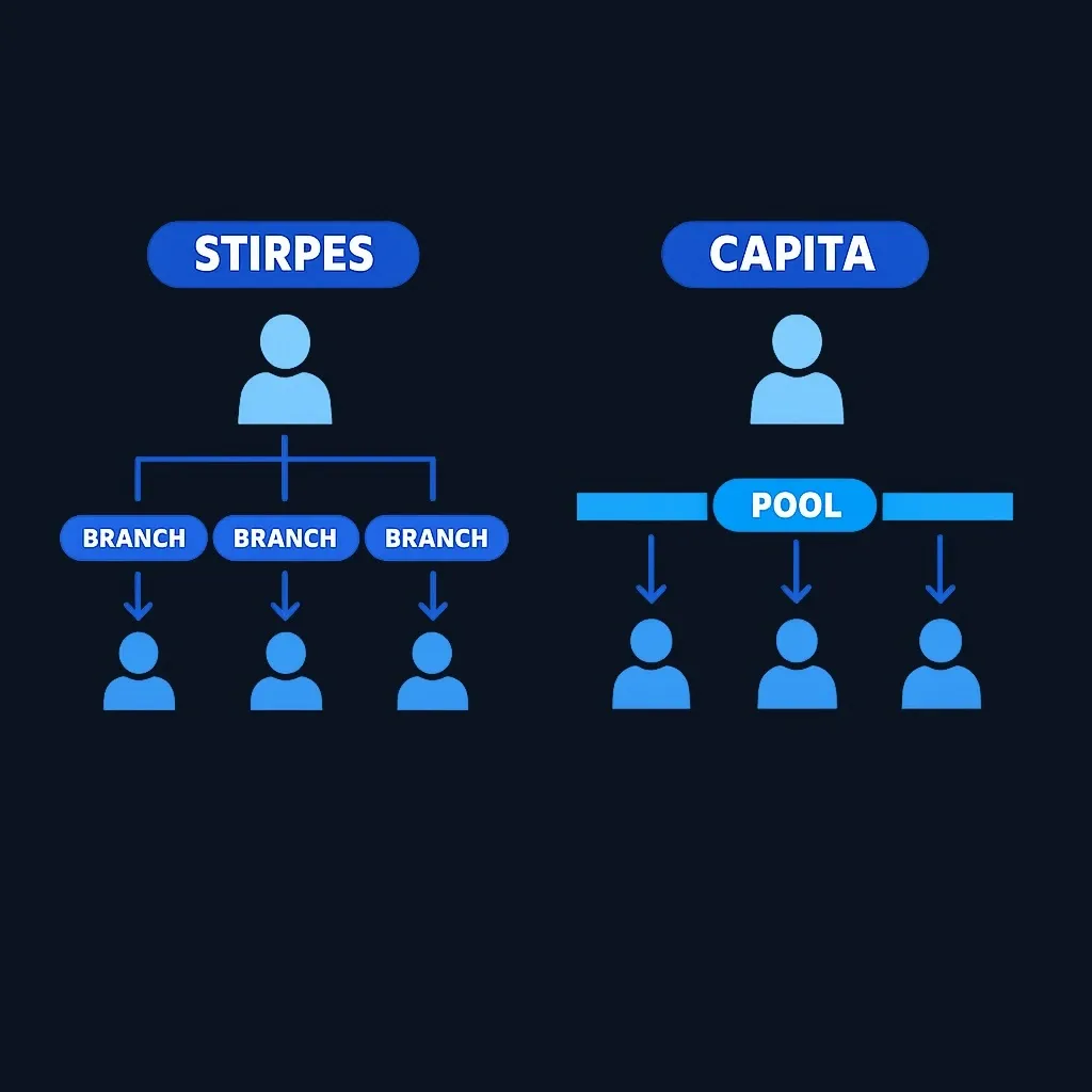 Visual definition comparing per stirpes branch preservation versus per capita generational pooling