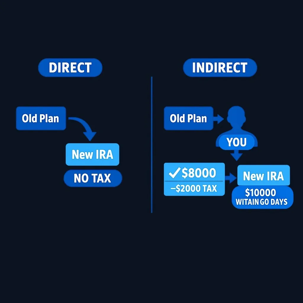 Comparison diagram of direct versus indirect 401(k) rollover methods