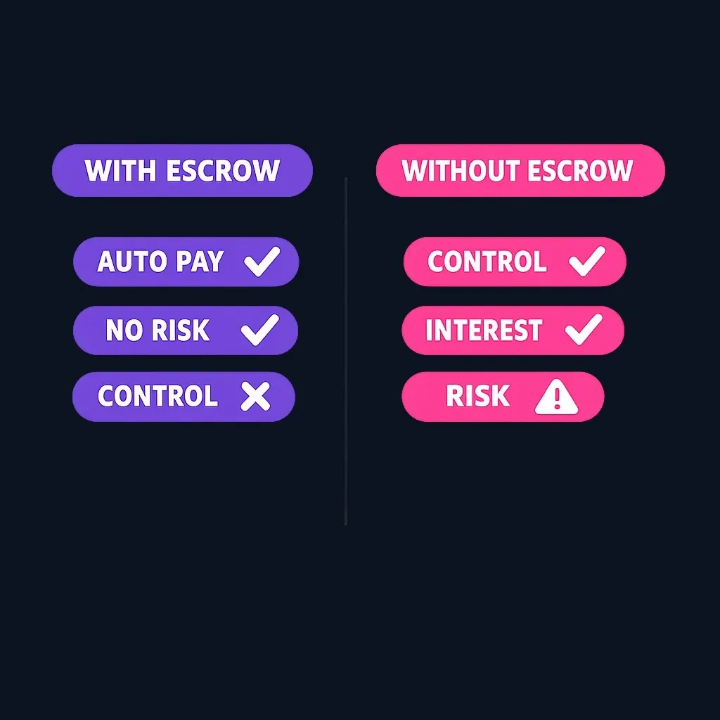 Side-by-side comparison of escrow versus self-management: automatic payments and servicer control versus borrower control and payment responsibility