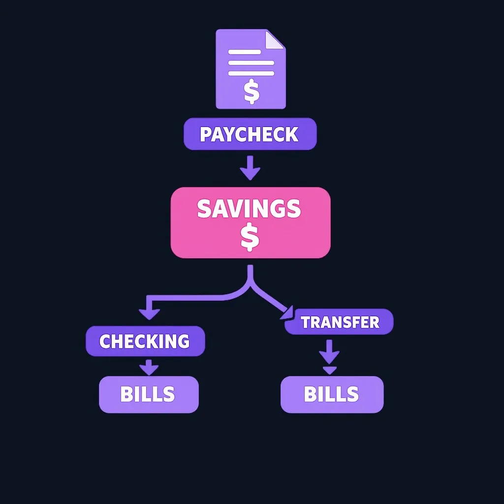 Flow diagram showing paycheck depositing to savings account and optional paths for paying bills