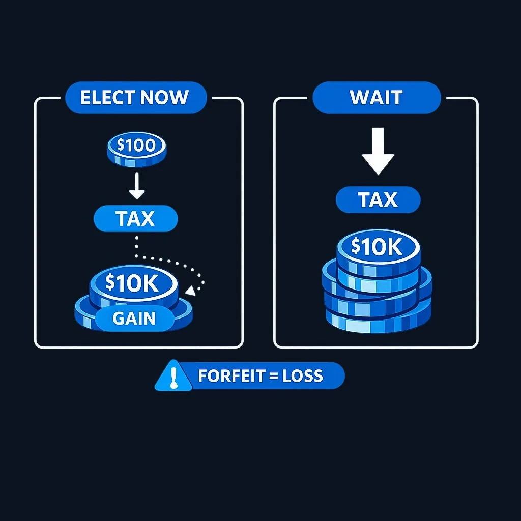 Comparison of tax on $100 today versus tax on $10,000 at vesting