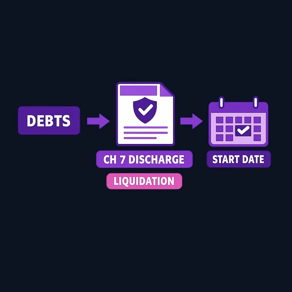 Diagram defining Chapter 7 bankruptcy as liquidation that discharges debts and establishes the discharge date milestone