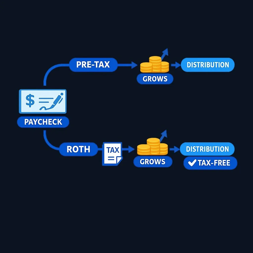 Diagram comparing pre-tax versus Roth deferral paths and their tax timing