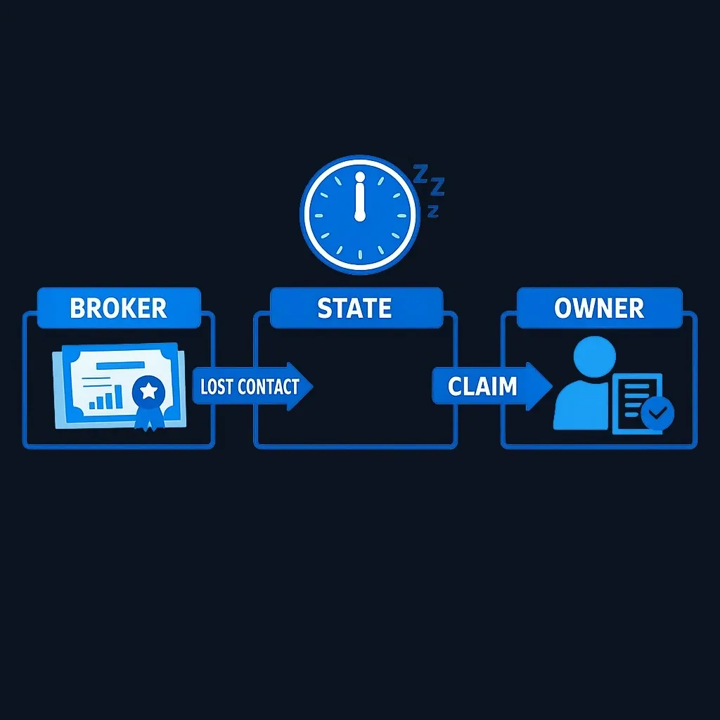 Flow diagram showing path of unclaimed stock from brokerage account to state unclaimed property office